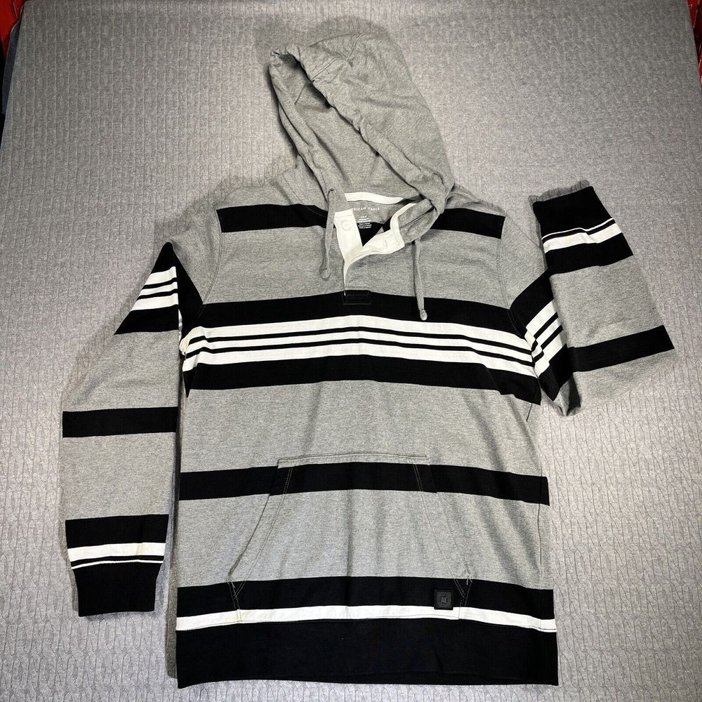 AMERICAN EAGLE thick striped Y2K 90s mens hoodie size L black, and gray